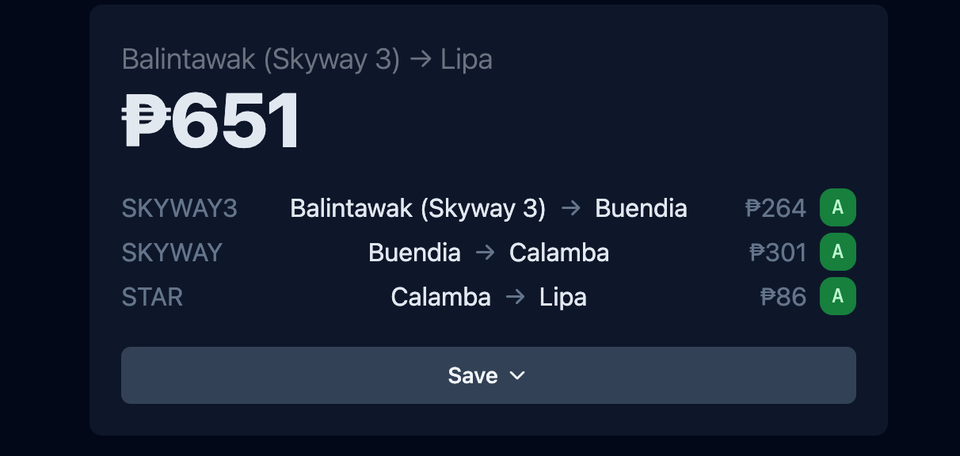 Estimated one way toll fees for Class 1 vehicles from Skyway 3 Balintawak to STAR Tollways Lipa City exit.